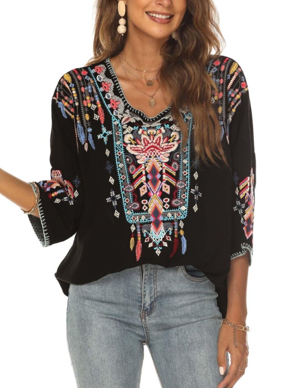 Women Mexican Embroidered Shirt for Women Bohemian Style Top Blouse 3/4 Sleeve